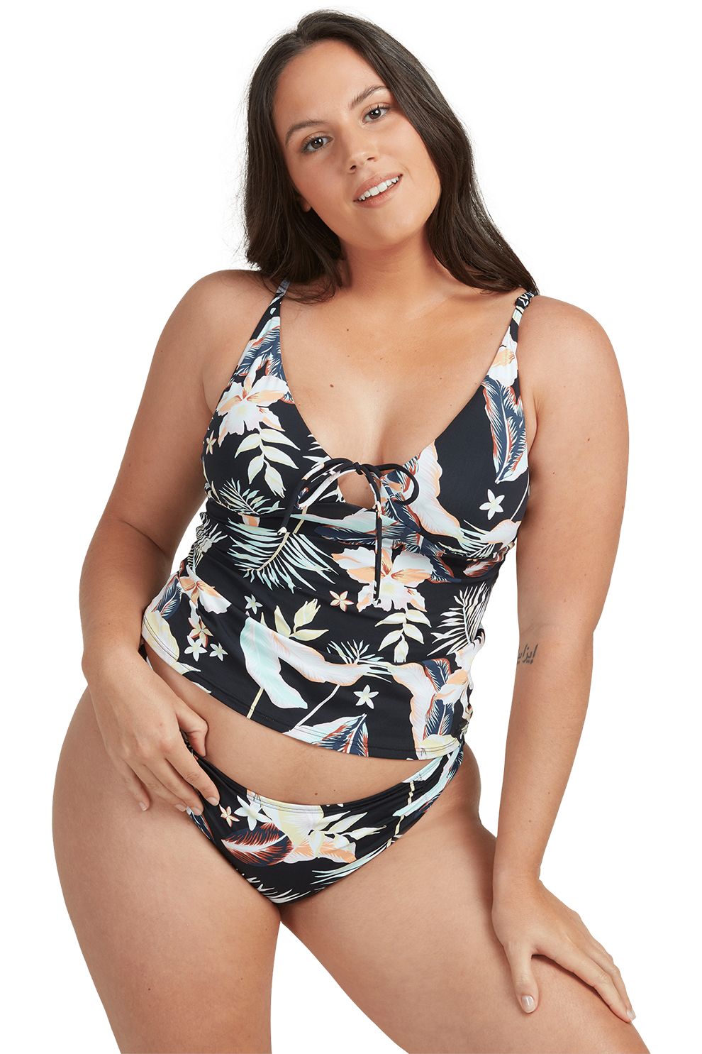 ROXY, Top de baie cu imprimeu tropical, Negru/Verde/Roz piersica, L