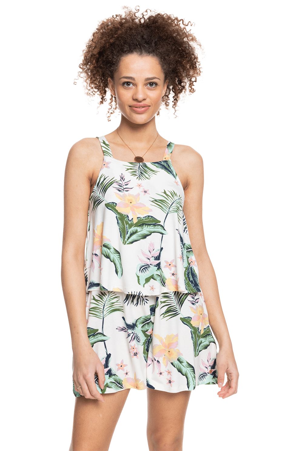 ROXY, Salopeta scurta cu model tropical, Alb/verde/roz piersica