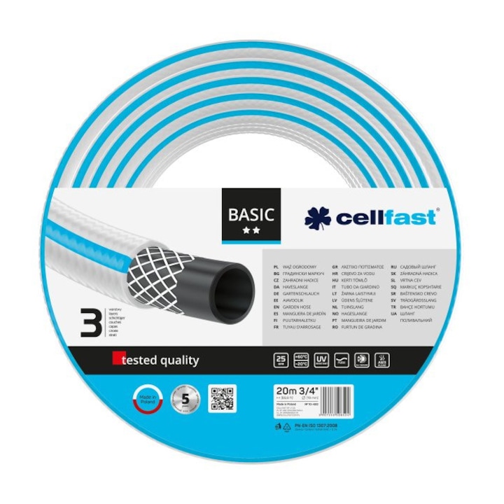 Furtun pentru gradina cu 3 straturi Cellfast BASIC, 3/4", armat, 20 m lungime, protectie UV