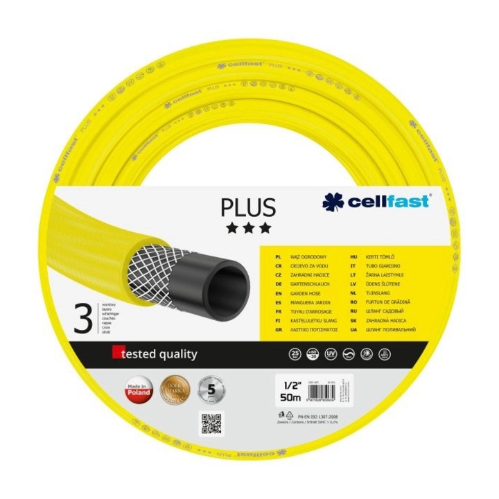 Furtun pentru gradina cu 3 straturi Cellfast Plus, 1/2", armat, 50 m lungime, protectie UV