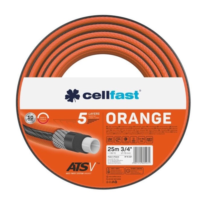 Cellfast ORANGE 5 rétegű kerti tömlő, 3/4", megerősített, 25 m hosszú, UV védelem, csavarásgátló