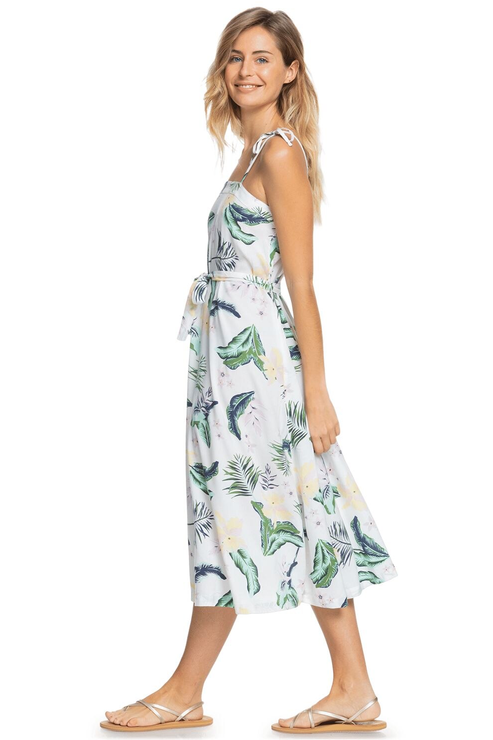 ROXY, Rochie midi cu model tropical Nowhere To Hide, Alb/albastru petrol/verde