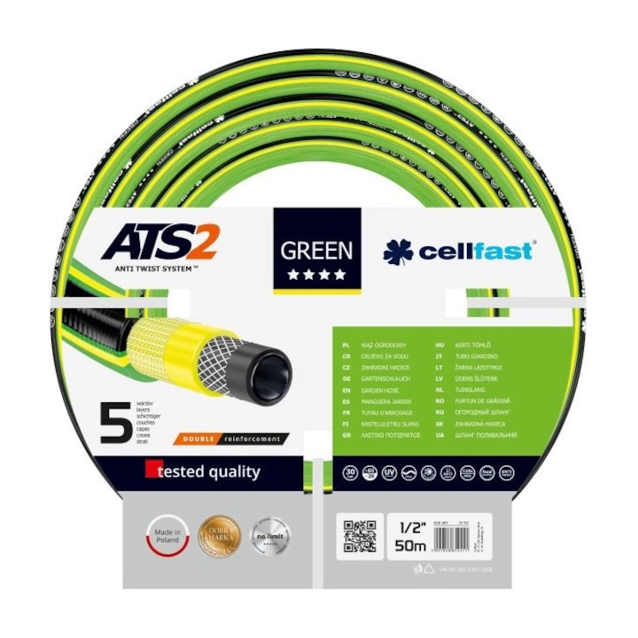 Cellfast GREEN 5 rétegű kerti tömlő, 1/2", megerősített, 50 m hosszú, UV védelem, csavarodásgátló