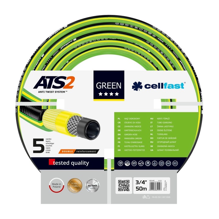 Furtun pentru gradina cu 5 straturi Cellfast GREEN, 3/4", armat, 50 m lungime, protectie UV, antirasucire