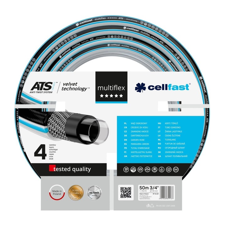 Cellfast MULTIFLEX 4 rétegű kerti tömlő, 3/4", megerősített, 50 m hosszú, UV védelem, csavarásgátló