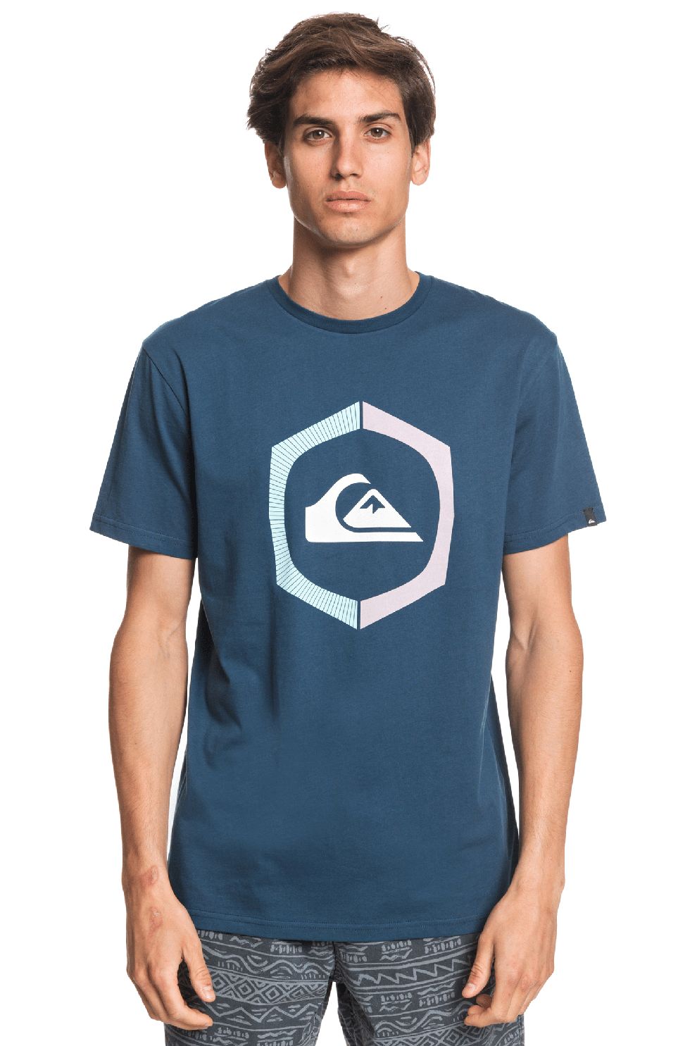 QUIKSILVER, Tricou cu decolteu la baza gatului si logo Sure Thing, Albastru petrol, S