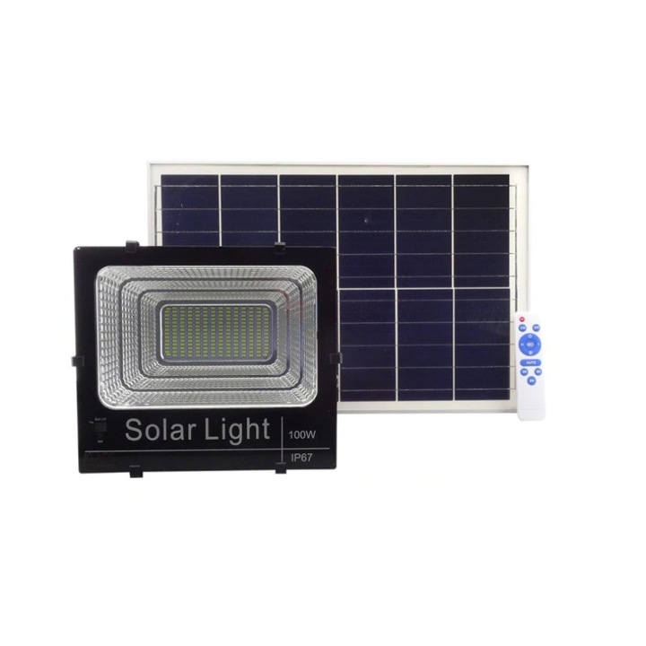 KlaussTech LED projektor, 100 W teljesítmény, Napelem mellékelve, 10500 Lumen, IP67, 140 fokos világítás, Fekete szín