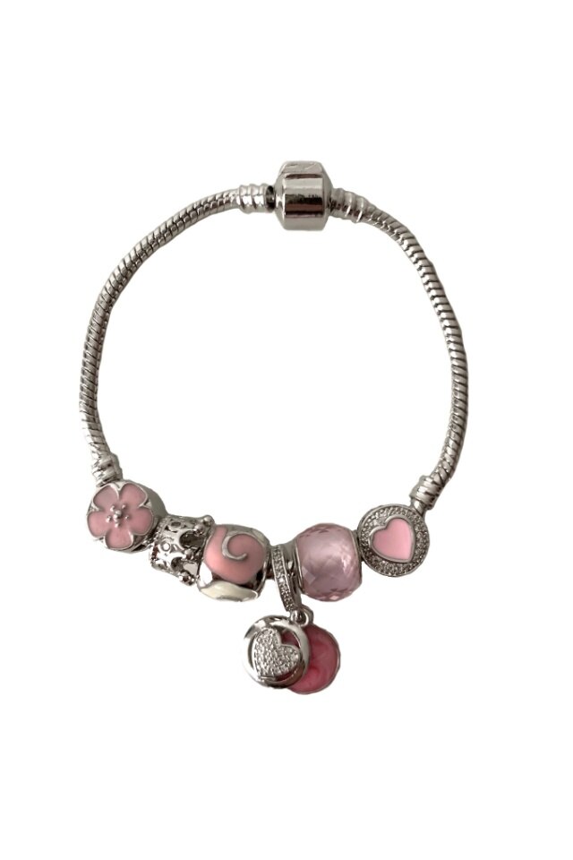 Bratara Charm Spring roz placata in 3 straturi cu argint 925, 6 charmuri