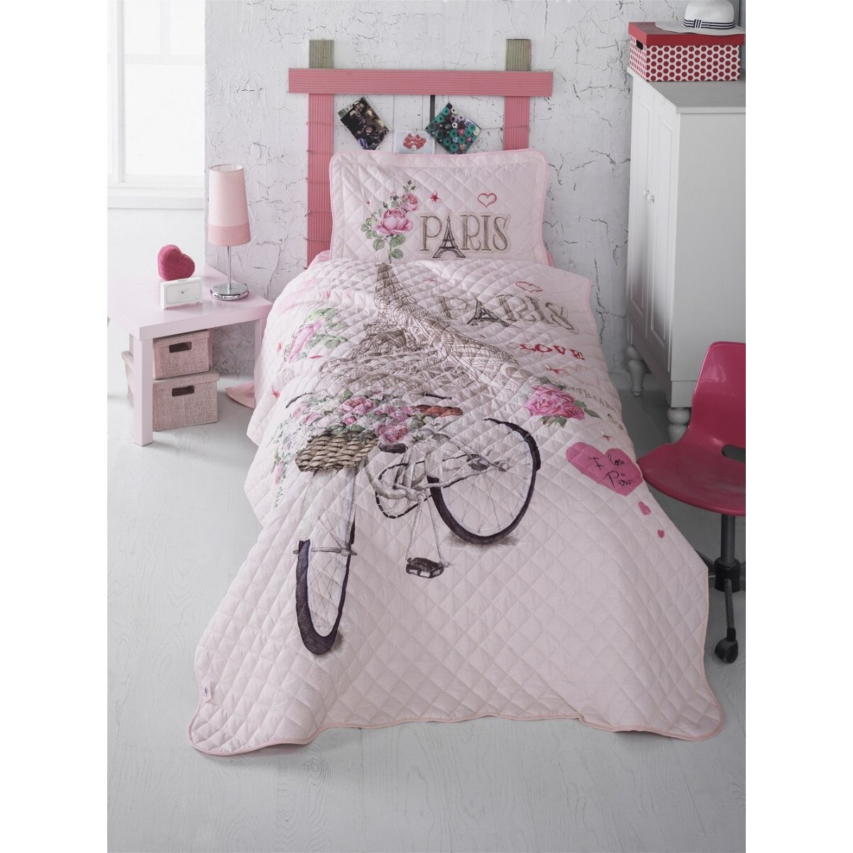Set cuvertura matlasata bumbac 100% si 1 fata perna, 160 x 220 cm, 2 piese, Clasy Home, Paris Love