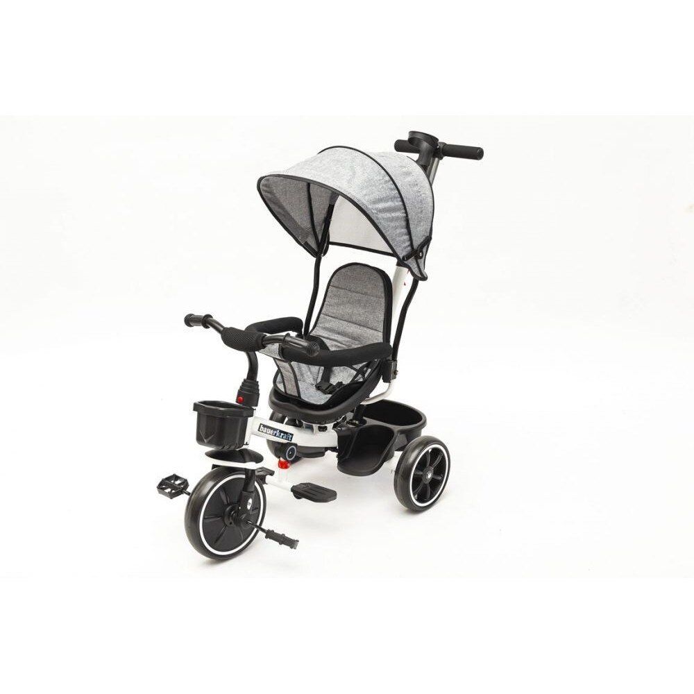 Triciclu pentru copii, scaun rotativ 360°, spatar inalt, baldachin impermeabil, loc de odihna pentru picioare, suport bauturi, cos depozitare fata si spate, alba, 107 x 52 x 93 cm