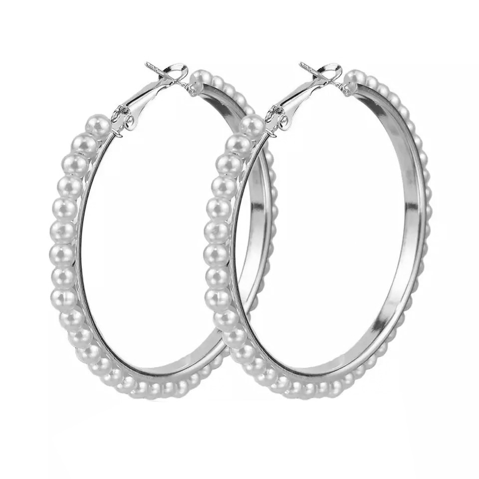 Cercei rotunzi WE010, 6.5 cm, Argintiu