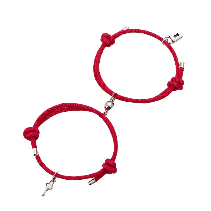 Комплект гривни EFAYN RO, За двойка, С магнит, Катинар и ключ, Тип низ, Червен