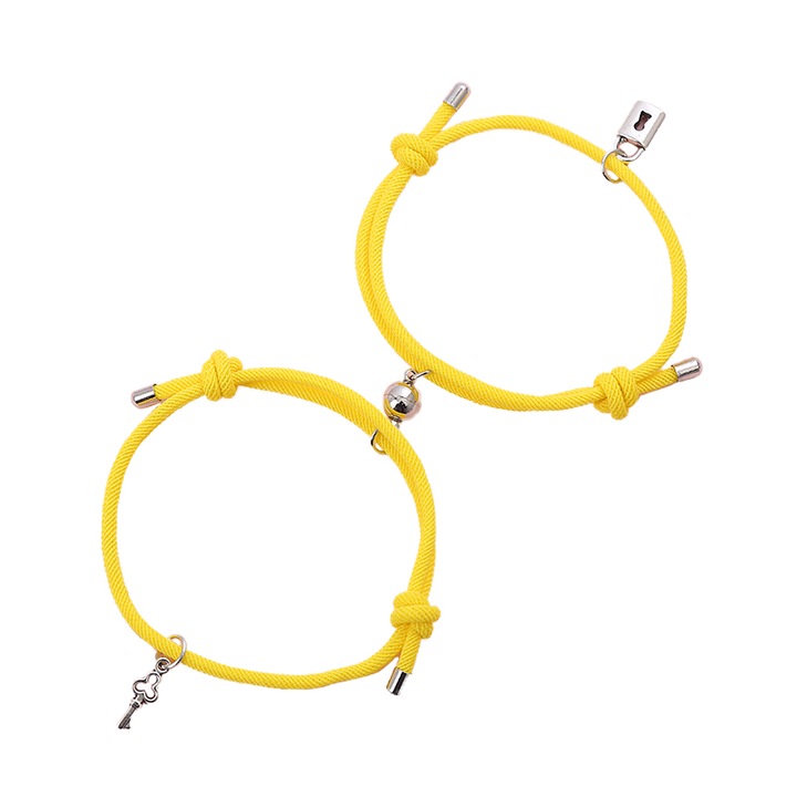 Set bratari cuplu cu magnet, lacat si cheita, tip sfoara, galben, EFAYN RO