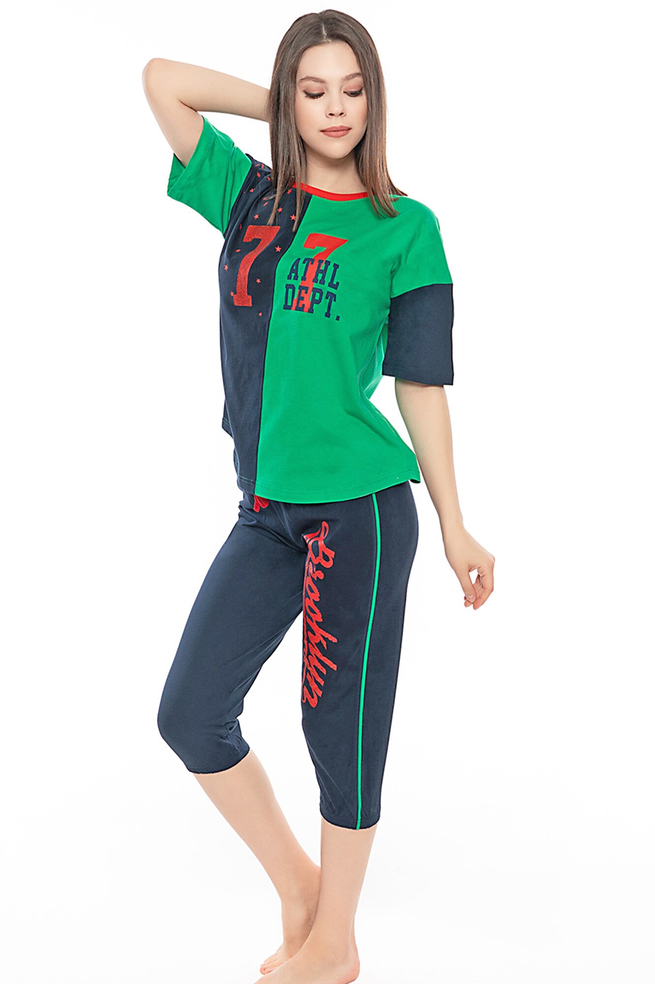 Pijama dama Vienetta, model Brooklyn, verde/bleumarin