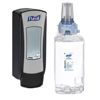 Pachet Gel dezinfectant Purell Advanced VF+, ADX-12 8809, 1200 ml, incolor si Dispenser Purell ADX-12 8828, culoare crom/negru Pachet Gel dezinfectant Purell Advanced VF+, ADX-12 8809, 1200 ml, incolor si Dispenser Purell ADX-12 8828, culoare crom/negru