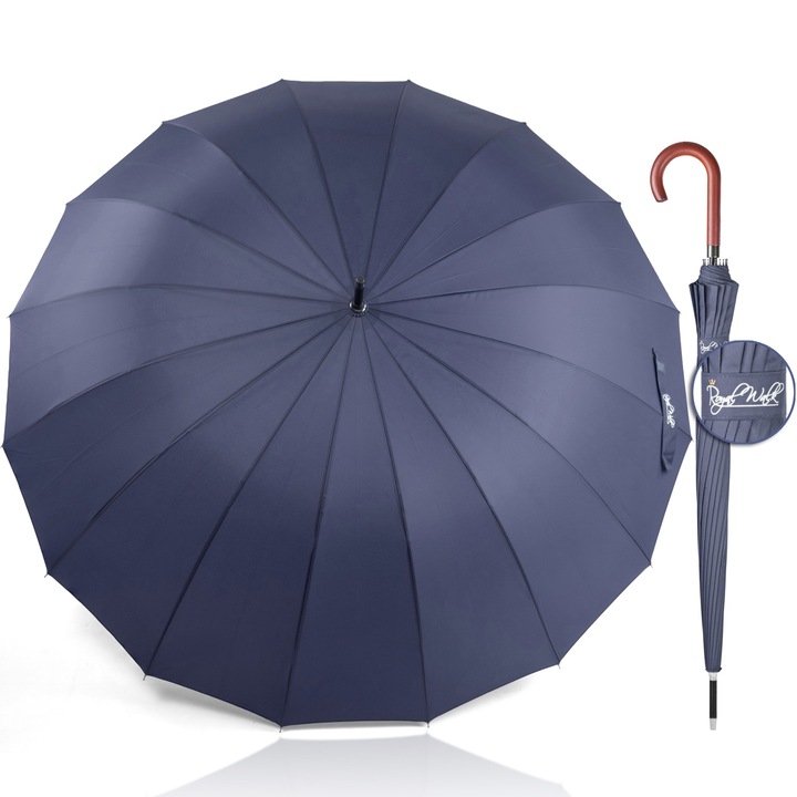 Чадър за дъжд Royal Walk, Автоматичен, Мъжки, Луксозен, Голям 120 см, Дървена дръжка, 16 Ребра, Здрав, Ветроустойчив, с Калъф за Носене, Тъмносин