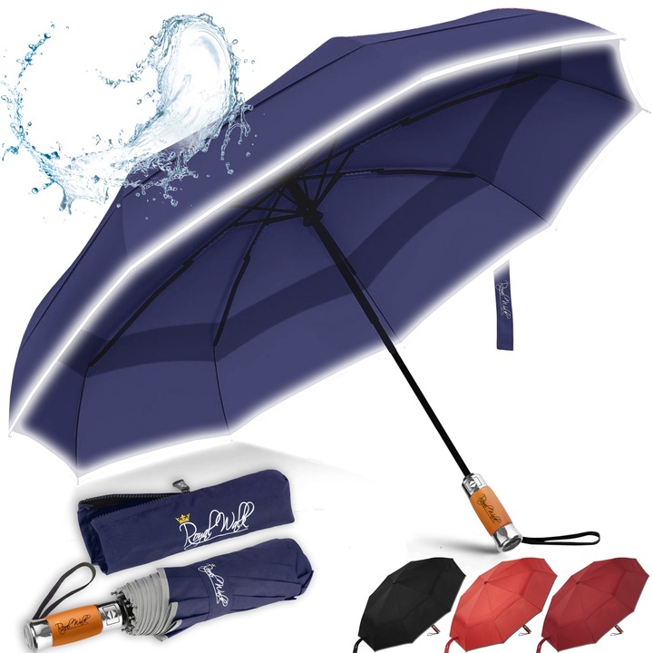 Чадър за дъжд Royal Walk, Автоматичен Отваряне и Затваряне, Сгъваем, Мъжки, 103 см, Луксозен, Ветроустойчив, Вентилиран, Дървена дръжка, Светлоотразителна лента, Тъмносин