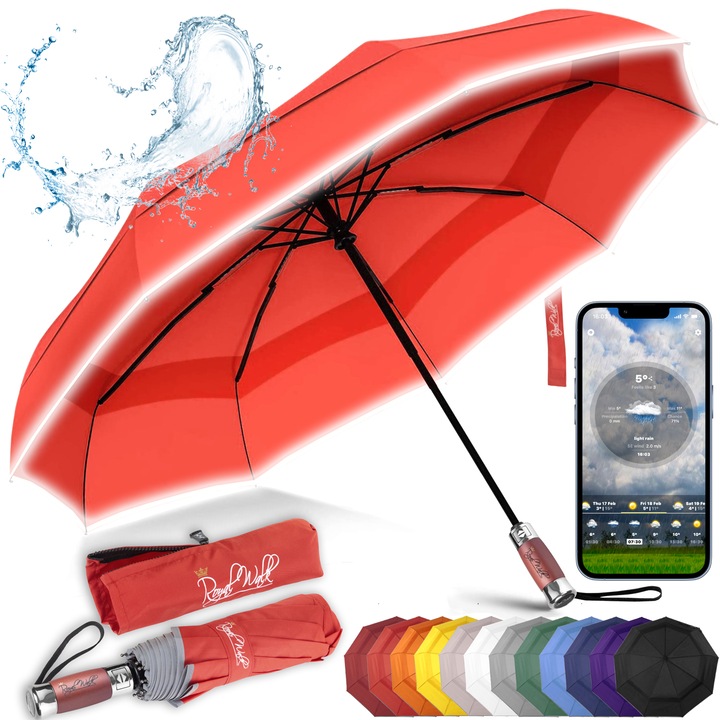Чадър за дъжд Royal Walk, Автоматичен Отваряне и Затваряне, Сгъваем, Дамски, 103 см, Луксозен, Ветроустойчив, Вентилиран, Дървена дръжка, Светлоотразителна лента, Червен