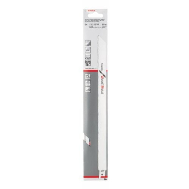 Set 5 panze fierastrau sabie, Bosch S1222VF Flexible for Wood and Metal, 300mm, taiere lemn si metal