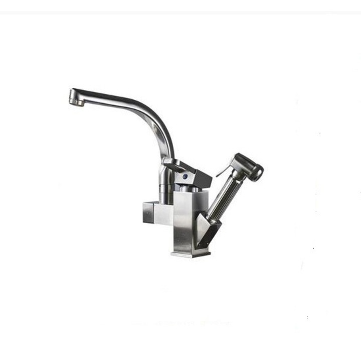 Смесител за кухня AquaSpa, Двоен, С разтегателен душ и висок чучур, Въртене на 360°, Сребрист