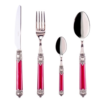 Set 24 tacamuri Casa Bugatti, Rinascimento, pentru 6 persoane, inel placat cu argint, finisaj marmura, otel inoxidabil 18/10, design elegant, cutie de lux de prezentare, rosu Set 24 tacamuri Casa Bugatti, Rinascimento, pentru 6 persoane, inel placat cu argint, finisaj marmura, otel inoxidabil 18/10, design elegant, cutie de lux de prezentare, rosu