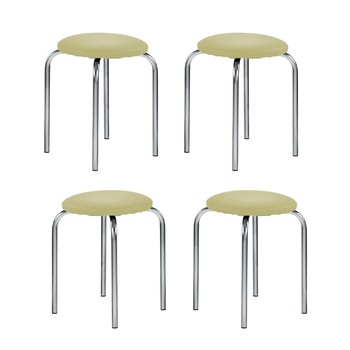 Set 4 scaune de tip taburet Chico, cadru cromat, piele ecologica, verde olive