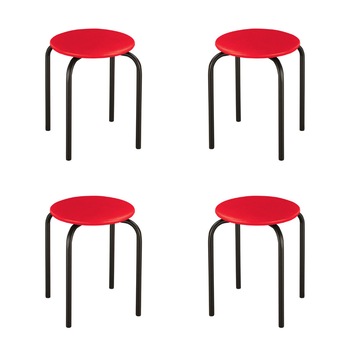 Set 4 scaune de tip taburet Chico, cadru negru, piele ecologica, rosu