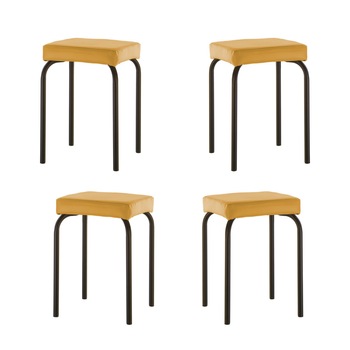 Set 4 scaune de tip taburet Tutti, cadru negru, piele ecologica, ocru