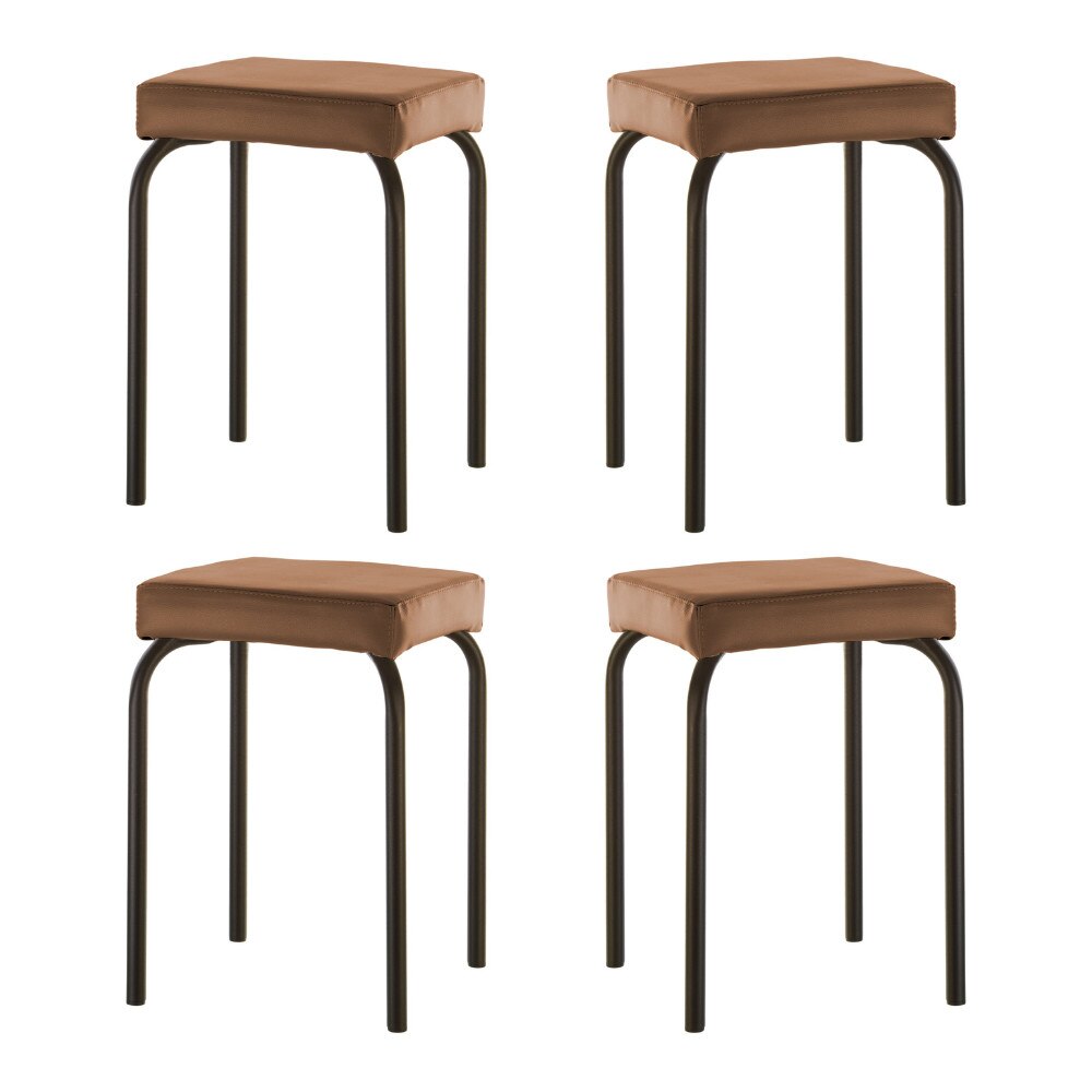 Set 4 scaune de tip taburet Tutti, cadru negru, piele ecologica, maro