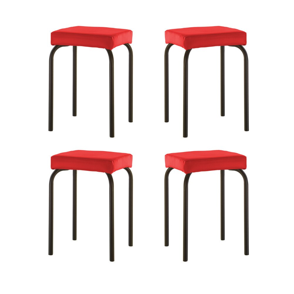 Set 4 scaune de tip taburet Tutti, cadru negru, piele ecologica, rosu