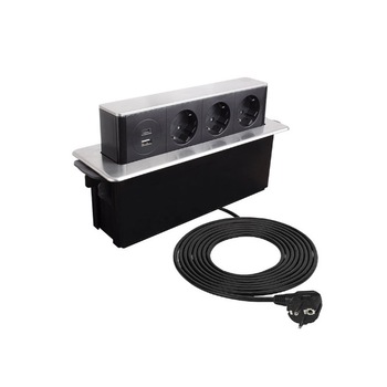 Priza incorporabila pop-up Hop Box cu 3 prize Schuko, 1 port incarcare USB de tip A si un port incarcare USB de tip C pentru telefon Priza incorporabila pop-up Hop Box cu 3 prize Schuko, 1 port incarcare USB de tip A si un port incarcare USB de tip C pentru telefon