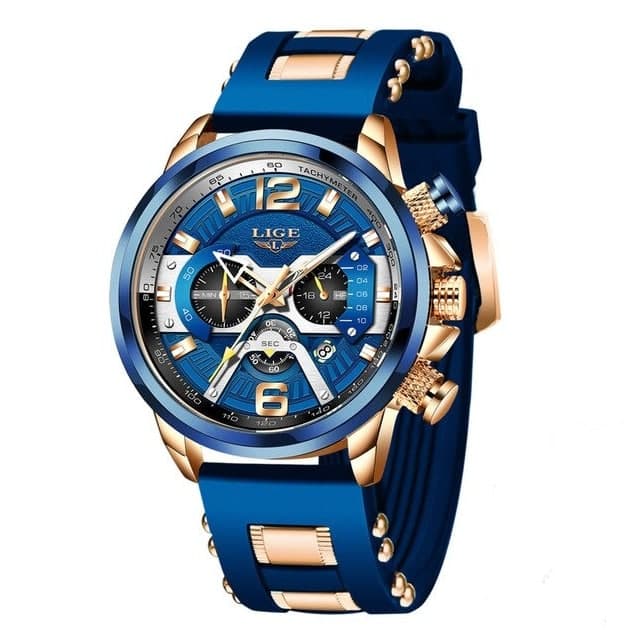 Ceas barbatesc Lige, Mecanism Quartz, Analog, Indici luminosi, Afisare data, Cronometru, Casual, Curea silicon, Cronograf, Albastru/ Auriu