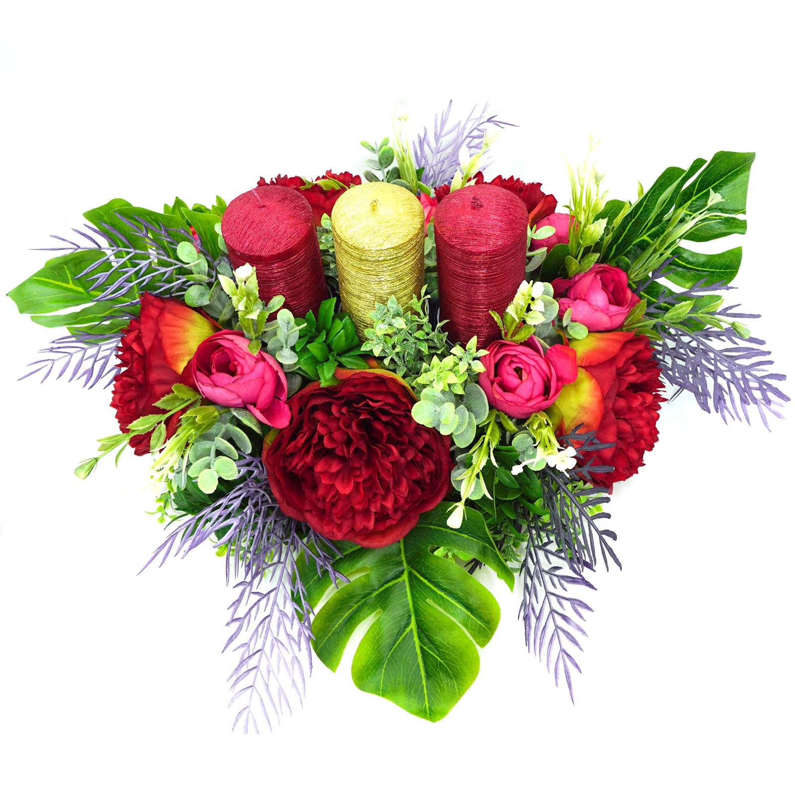 Aranjament floral de sarbatori, din flori de matase, cu suport si lumanare, Regalo - Holiday, rosu bordo, pentru exterior si interior, 37 cm