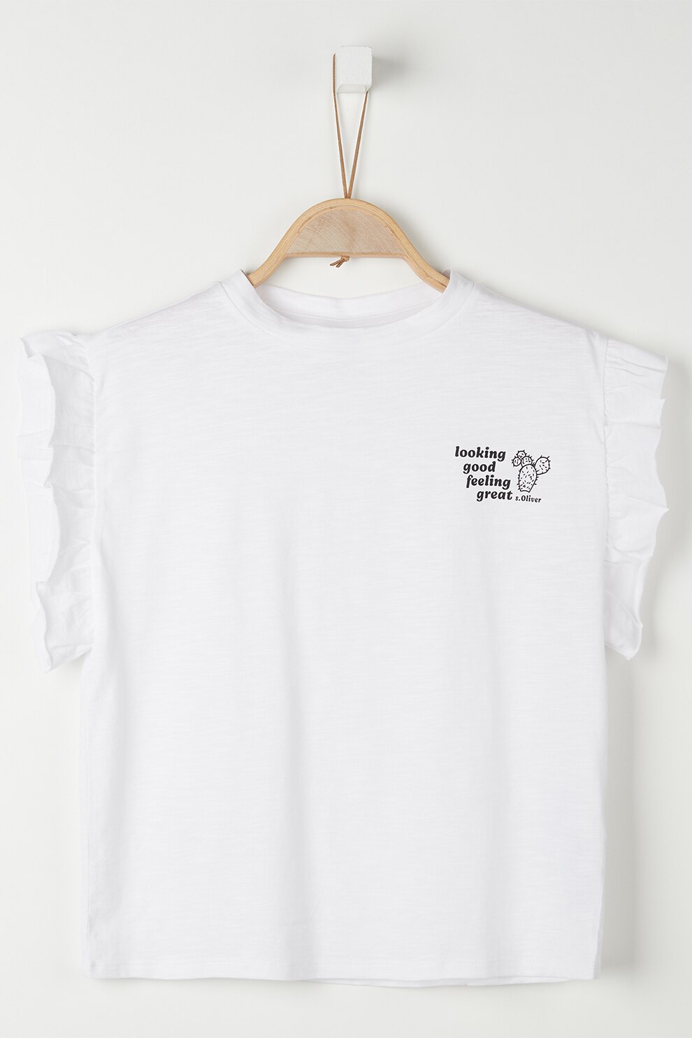 s.Oliver, Tricou din jerseu cu decolteu la baza gatului si maneci cu volane, Alb optic/Negru