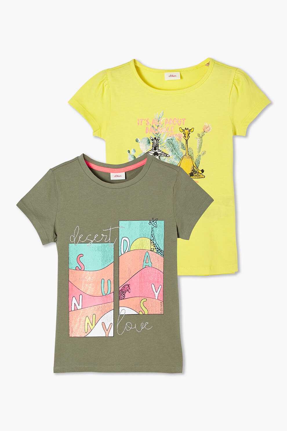 s.Oliver, Set 2 tricouri cu model grafic, Gri inchis/Galben