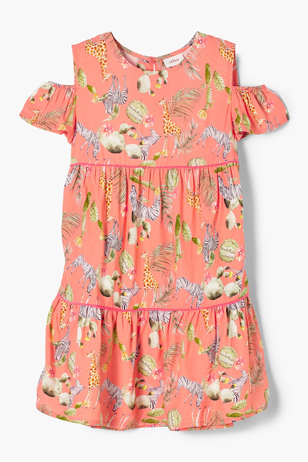 s.Oliver, Rochie cu decupaje pe umeri si imprimeuri variate, Roz somon/alb/verde sparanghel, 140 CM