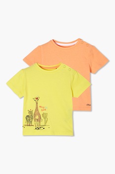 s.Oliver, Set 2 tricouri din bumbac cu model, girafa, Galben/oranj persan s.Oliver, Set 2 tricouri din bumbac cu model, girafa, Galben/oranj persan
