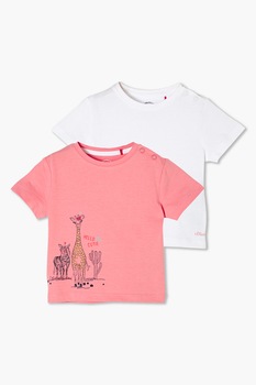 s.Oliver, Set 2 tricouri din bumbac cu model, girafa, Roz/Alb s.Oliver, Set 2 tricouri din bumbac cu model, girafa, Roz/Alb