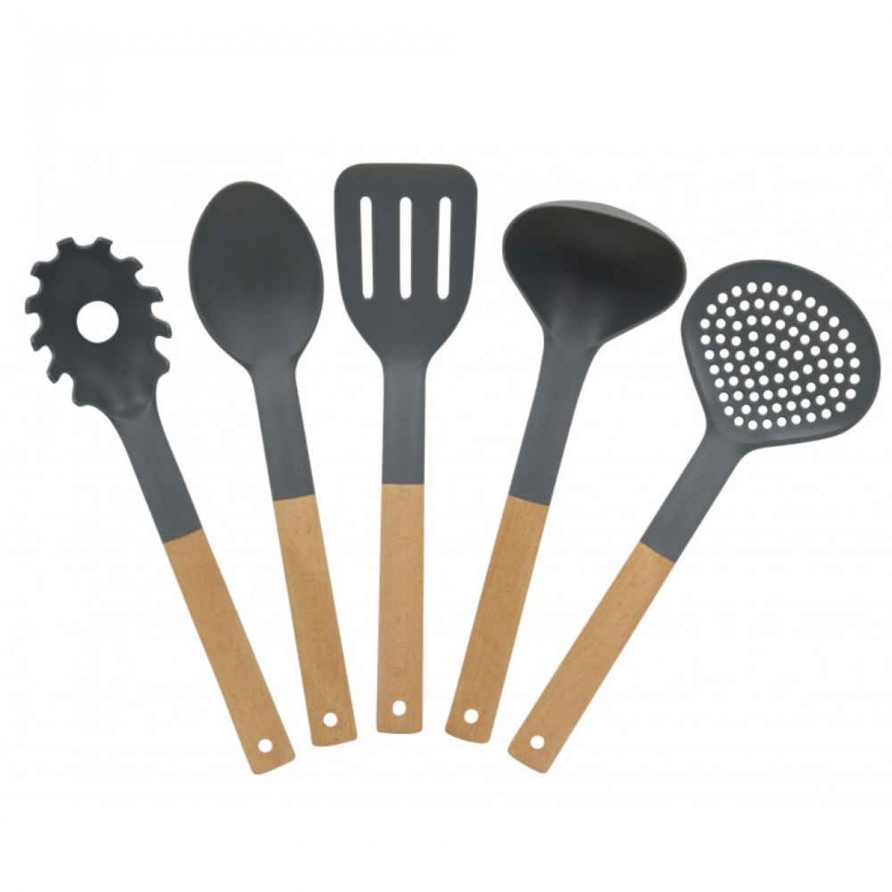 Set ustensile de bucatarie Klausberg KB 7511, 5 Bucati, Fag si nailon, Gri