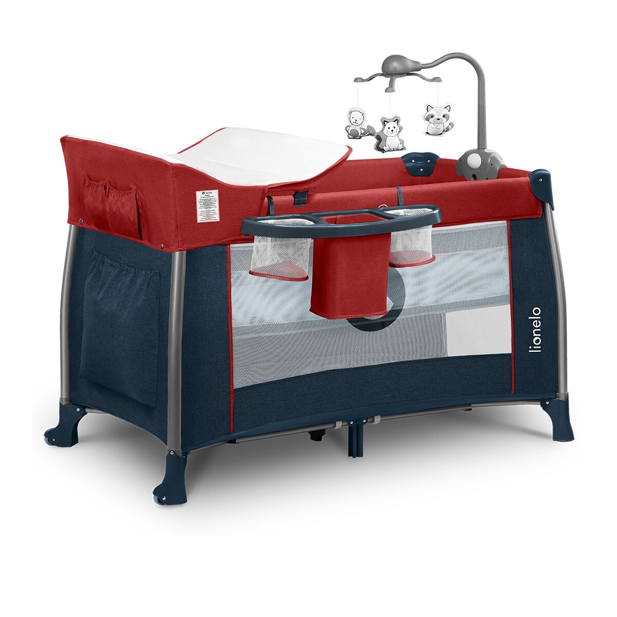 Patut pliant, Lionelo, Thomi, 120 x 60 cm, nivel intermediar, carusel, masuta de infasat, Burgundy Blue