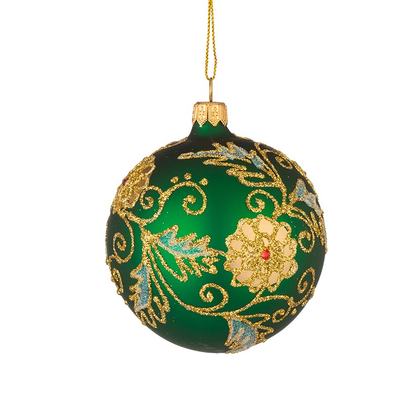 Ornament brad, glob verde cu flori aurii, RM00504S, Sticla, 8cm