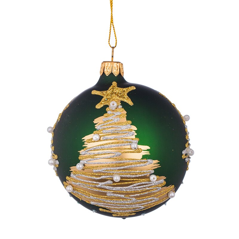 Glob verde cu decor auriu si perle, RM02704S, Sticla, 8cm