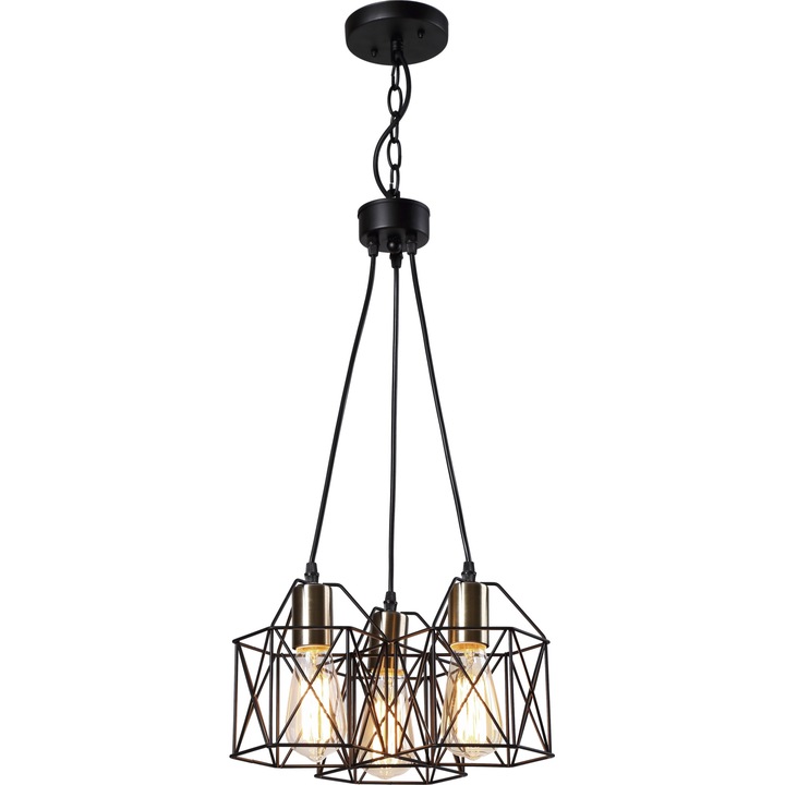 Pendul CHANTAL SP 3 E27 3x40W Baza Metal cu Lant Negru cu 3Corpuri Abajur Gratii Metal Negru si Dulie Metal Satin KLAUSEN