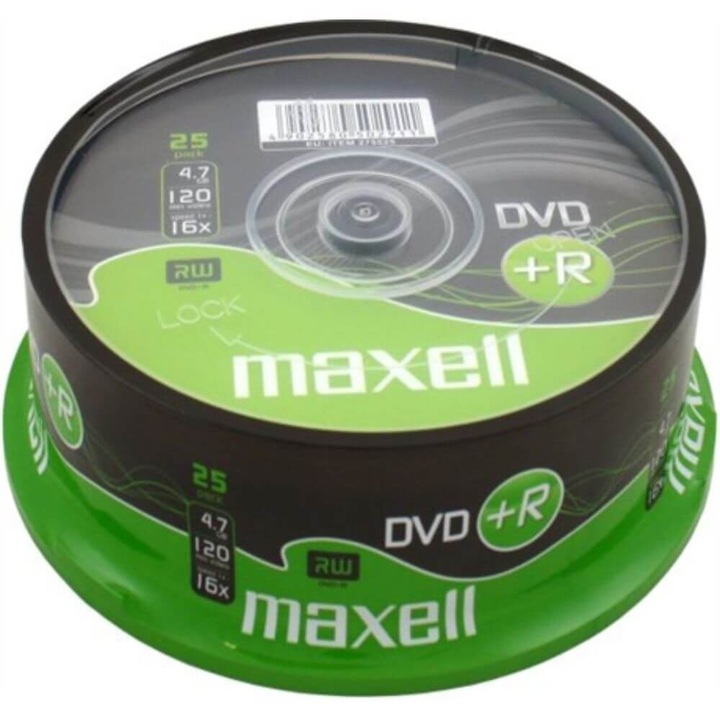 Set 25 DVD +R Inscriptibil Maxell cu Suport, Capacitate 4.7 GB, Viteza 16x