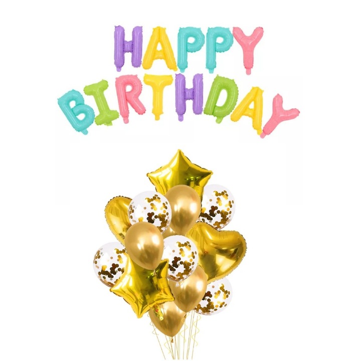 Комплект It's Party Time от 14 балона за рожден ден с конфети, златист цвят, Балони за рожден ден, многоцветни