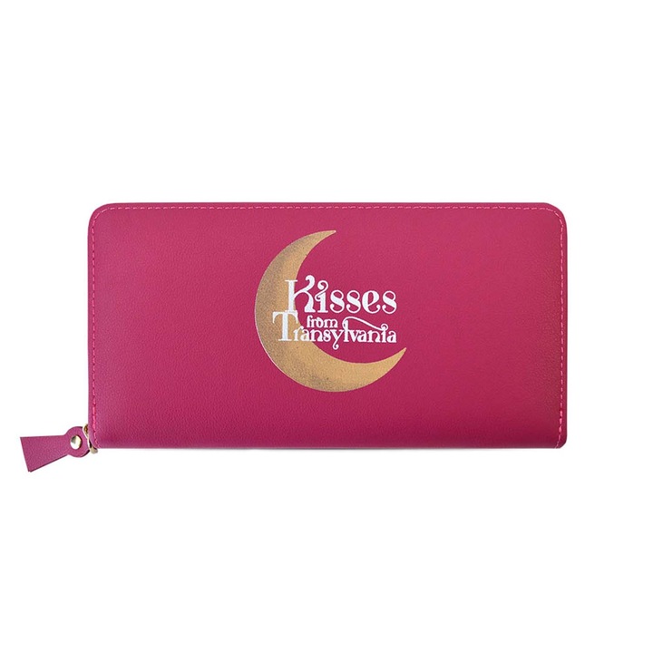 Portofel roz compartimentat, Kisses from Transylvania, 200 x 105 x 30 mm, piele eco