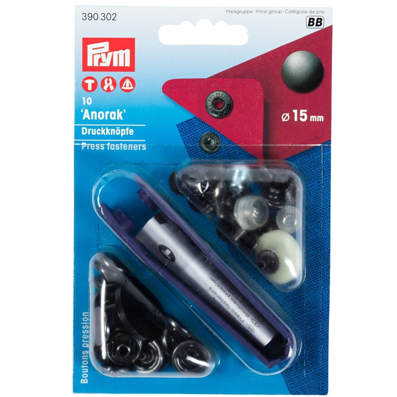 Set capse metalice, anorak pentru textile, negru oxidat, de 15 mm, cu aplicator 10 buc,, Prym