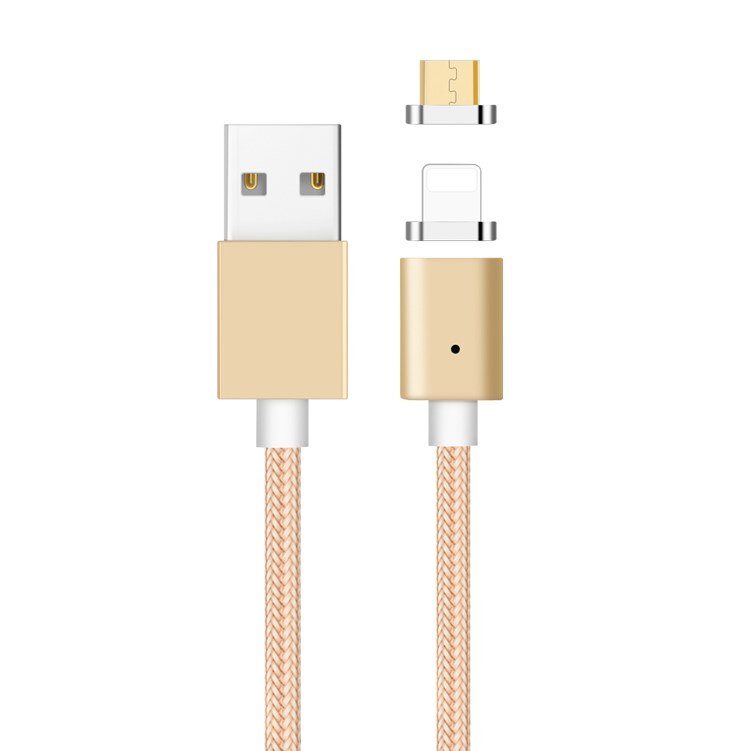 Cablu de incarcare rapida si transfer de date LIBOX LB0113 ,PREMIUM MAGNETIC, 2 in 1, Micro-USB, Lightning, conectori metalici din aluminiu, invelis protector din nylon composit impletit, fast-charge, 5V, 3A, 1m, LED, AURIU