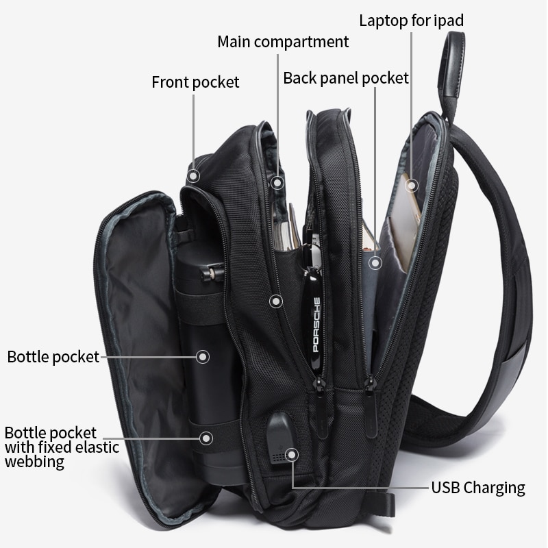 Rucsac crossbody/de umar casual, impermeabil, cu port de incarcare USB, Bange, Negru