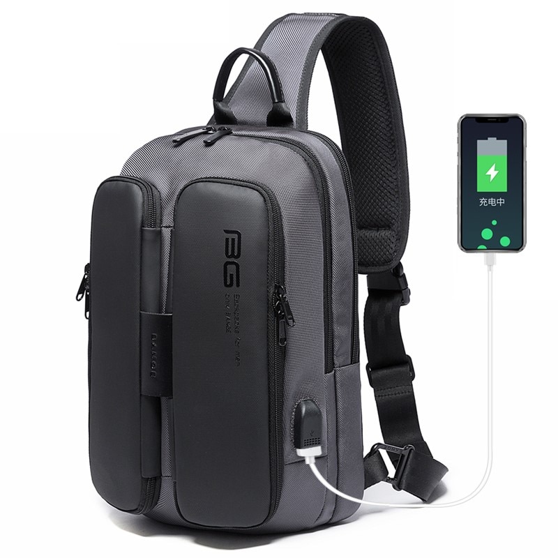 Rucsac crossbody/de umar casual, impermeabil, cu port de incarcare USB, Bange, Gri